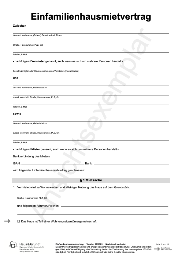 Wohnraummietvertrag (Gedruckte Variante - EFH)
