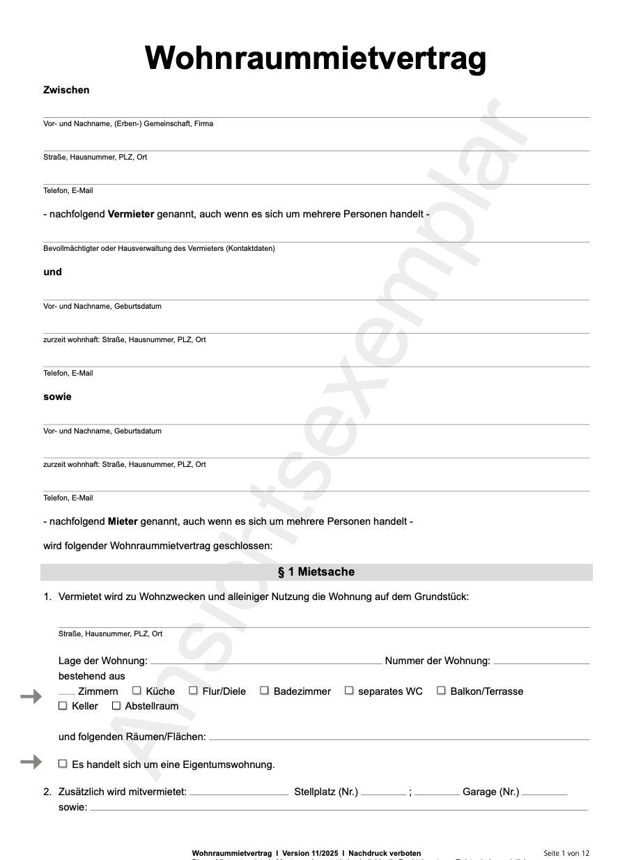 Wohnraummietvertrag (Gedruckte Variante - Mietwohnung)
